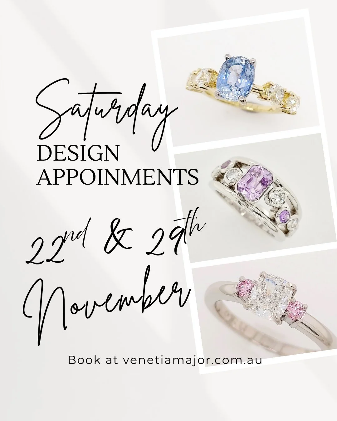 These will be the last Saturday Design Appointments available for the year. Go to venetiamajor.com.au to book your spot.