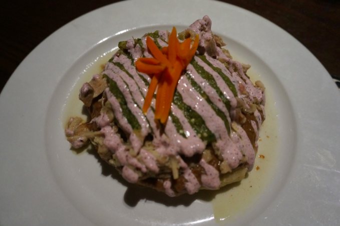 Chef Hassan Musselmani's Green Chile + Beer Braised Chicken Sope w/ refried fava beans, Sumac Labne, turshi, + Salsa Verde