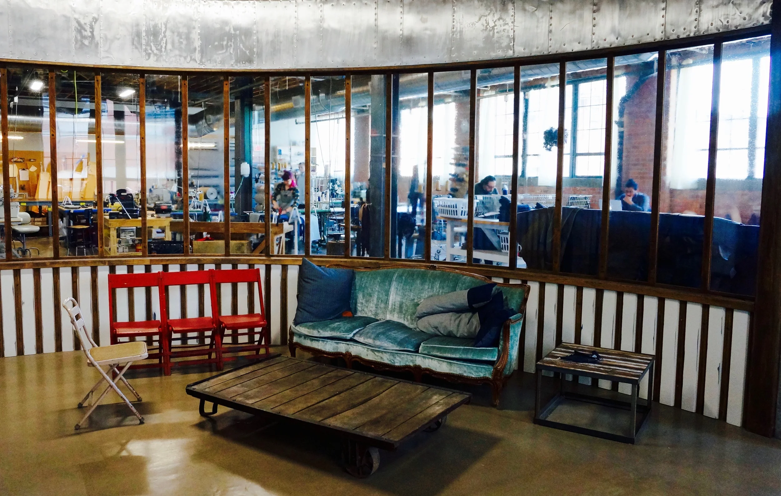 Main seating area at Detroit Denim viewing the workshop