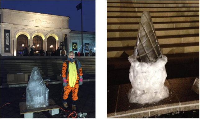 Wayne State University student, Natasha Krawinkle, next to her finished sculpture. 