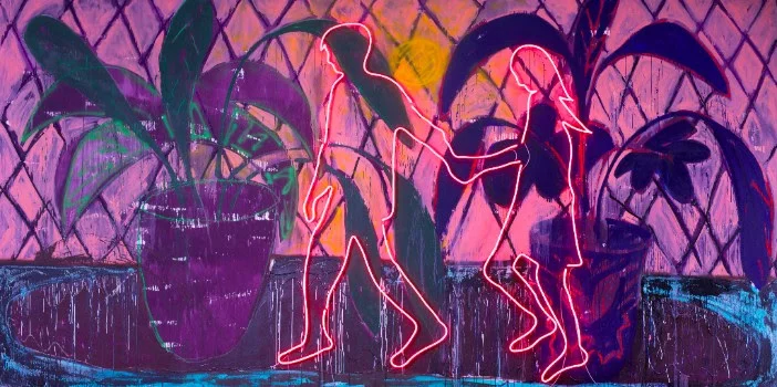 Thrush Holmes, F%&* Everything, 2016 (120 x 240 in.; Oil, oil stick, enamel, neon on canvas mounted to panel)