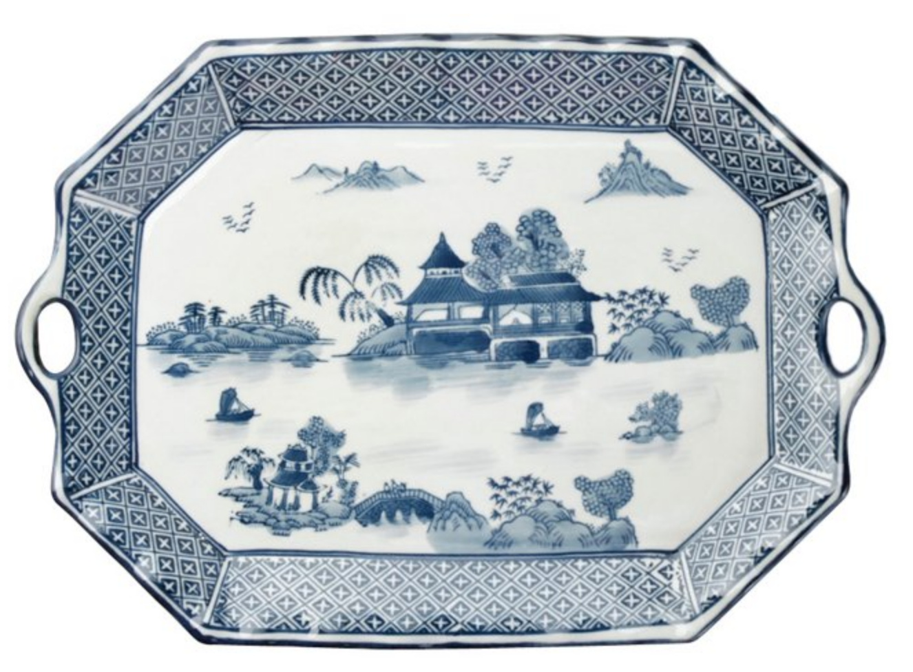 Blue and White Willow Serving Tray with Handles