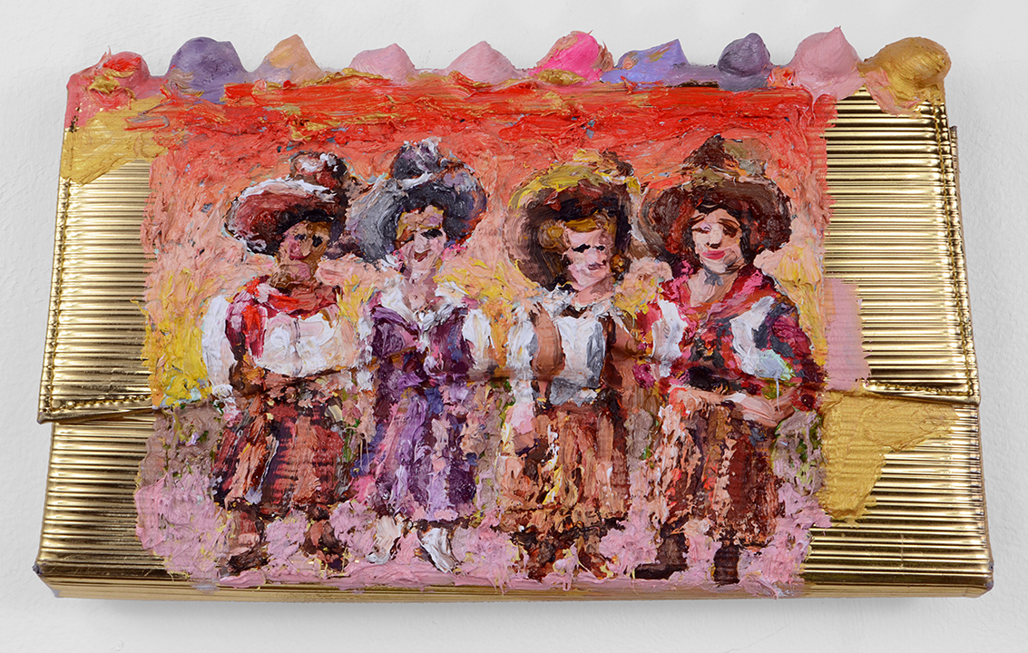 Beaded Talisman for Unwell Daughter Annelie McKenzie December 15 2018 – February 3, 2019 Opening Reception Saturday December 15, 2018, 6 – 9pm Fisher Parrish is pleased to present Beaded Talisman for Unwell Daughter , a solo exhibition of new works by Los Angeles based artist Annelie McKenzie, organized by artist and curator Adrianne Rubenstein. Works - link A path exists among these works that beckons to the history I actually want to be a part of. The appropriation is utterly appropriate. The tableaux themselves are like vignettes from within a story, and let’s say that book is a bit archaic, and the scenes feel as if you’re discovering them by candlelight. You were sleeping in a dimly lit auditorium, spiderwebs accumulating along the ceiling; there was a brief discussion of female artists. Beaded Talisman for Unwell Daughter is a painting of a woman jaundiced from illness, her face a donut slathered in custard creme—a detailed prop among frilly blankets. The subject of the work is Anna Alma Tadema, a British artist from a family of artists, born in 1867 and deceased in poverty and obscurity in 1943. Tadema is remembered as a subject from within her more famous father’s paintings, although he died forgotten and penniless too. The basis for McKenzie’s painting is an exquisitely detailed self-portrait, a watercolor which somehow survived, and a cryptic memento—a finite collapsing of past and present. McKenzie’s work is brazen and brash and addresses its subject obliquely, informatively. She is a detective, but isn’t cool or slick about it. Her works are painted on purses and cocktail pouches, the likes of which may have held lipsticks and tranquilizers. Among sequences of pastoral bliss, not that those are ever quite what they seem, McKenzie addresses paintings so historic that one can recognize them by the heft of their weaponry. Her version of Artemesia Gentileschi’s ‘Jael and Sisera’, painted in pinks on a cream colored clutch, features bodies with marbleized flesh and a chemically hued background of tinted crimson. The sequins feel like a botched version of pointillism, swapping exactitude for a quality of faded and stained lace. Tiny ersatz pearls line the scalloped exterior of the bag, framing the piece while camouflaging its zipper. The concept of purse as canvas stems from the artist’s observation that men don’t really like purses and so, it’s a witching spell that jokingly tells them to stay away. Gravely but with glee, McKenzie describes a history that has been abbreviated through misappropriation and a general lack of attention. Do you know that meme that says ‘We riot at midnight’ hidden in the body of a text about eyeliner? McKenzie’s paintings are a tribute to a great many such riots, inviting us to experience the joy and fascination of telling one’s story through the channels of the past. – Adrianne Rubenstein, November 27, 2018 Please join us for the opening reception of Beaded Talisman for Unwell Daughter on Saturday, December 15th, 2018 from 6 – 9pm. Regular gallery hours are Saturday and Sunday 1 – 6pm or by appointment. For further information, please email Zoe Fisher at info@fisherparrish.com. Annelie McKenzie (b. 1974, Montreal) earned an MFA from California State University, Long Beach, in 2013, and a BFA from the University of Calgary in 1997. She has exhibited at Contemporary Calgary (Canada), CB1 Gallery (LA), Torrance Art Museum (CA), VENUS LA (CA), and other spaces throughout the USA and Canada. McKenzie currently resides in Los Angeles. Adrianne Rubenstein (b. 1983, Montreal, QC) received her MFA from the San Francisco Art Institute in 2011. She lives and works in New York. Her curatorial projects include work with Night Gallery and Venus in Los Angeles, Stems Gallery in Brussels, Belgium, Fourteen30 Contemporary in Portland, OR, and Brennan & Griffin, Regina Rex and CANADA in New York, NY. Rubenstein has been the Director at CANADA, New York since 2014.