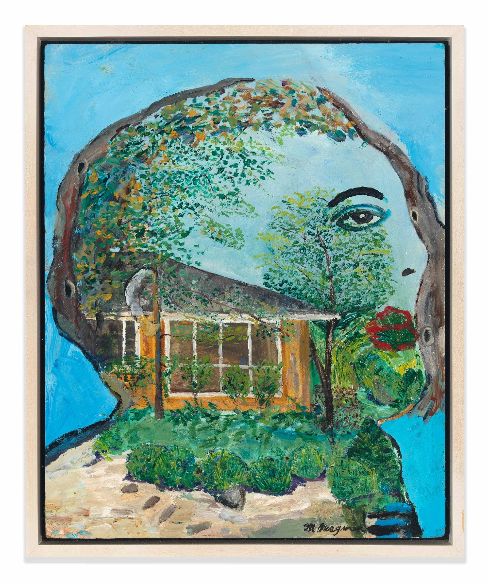 Margot Bergman Cabin Boy, Auntie Gladyce and Three More January 19th - March 2nd Organized by Adrianne Rubenstein Sigfrids / Howard's is pleased to announce “Cabin Boy, Auntie Gladyce and Three More” an exhibition of paintings by Chicago based artist Margot Bergman created between the years 2002-2012. The show will open with a reception on Saturday, January 19th from 4-6 PM and will remain on view through March 2nd. Bergman’s paintings from this time period are created on thrift store canvases, her brushwork mixed together with the found imagery creating dreamlike apparitions of the human form. The double authorship invites an easter-egg-like experience for the viewer which feels uncanny and sentimental. One sympathizes with the worthless and forgotten artifact but it acts here as a centrifugal force over which Bergman’s flower grows. Eyes, lips and a silhouette disguise and destroy the preexisting painting. Clearly defined features are body parts and point to the corporeal yet their indication feels slight, like layers of makeup or the masking of a photograph. Bergman acts in transgression of the original, creating another truer original which is also a container for the past. The paintings remind you of the forbidden aspects of drawing, furtive marks done in secret or where they are not supposed be. In “Cabin Boy” Bergman paints a flat round face in profile using the sunny blue sky to humor the background and foreground simultaneously. One eye with blue shadow over its lid and a perfectly modeled eyebrow float expansively above a dreamy looking domestic cabin encircled by freshly planted trees. Red lips are outlined over a slightly darker green shrub. The portrait is enclosed by two large trees crowning and a patch of sandy road is a shoulder or shirt. “Lulu”, “Beth Jo” and “Auntie Gladyce” are portraits painted atop other portraits. Little squinched faces peer out from between the eyes of the subjects, a single nose at the center anchoring all the unfolding features. The outer eyes appear to be tired as if from witnessing so much disintegration. In “Untitled (Flower Vase Portrait)” a potted plant has bloomed two shining eyes and a leaf with a smile. Bergman’s paintings are satisfying because they breach the protocol like a tear in the sky. They sit with you like candy stored in cheek, letting light enter their fallibility and making us feel better about our endeavor to categorize the sun and moon. Margot Bergman (b. 1934) has been an active member of the Chicago art scene since the 1950s. Recent exhibitions include ‘Thank You for Having Me’ at Corbett vs. Dempsey, Chicago; ‘Body Doubles’ at the Museum of Contemporary Art, Chicago; and ‘Margot Bergman’, Anton Kern Gallery, New York, NY. Bergman will be the subject of forthcoming exhibitions at the Museum Langmatt in Baden Switzerland and the Folkwang Museum in Essen Germany. A substantial hardcover catalog will be published concordantly with Hatje Cantz. Adrianne Rubenstein (b. 1983, Montreal) is an artist and curator based in New York City. She received her BFA from the Nova Scotia College of Art and Design and her MFA from the San Francisco Art Institute. Curatorial projects include ‘Fort Greene’ at Venus, Los Angeles and ‘Geranium’ at Stems Gallery, Brussels. Solo exhibitions include ‘I Love Worms’ at The Pit, Los Angeles, and ‘The Forest Floor’ at Cooper Cole, Toronto. Rubenstein has been the Director at CANADA, New York, since 2014. With special thanks to Margot Bergman and Corbett vs. Dempsey. Sigfrids/Howard's 119 North Jackson Street Athens, GA 30601