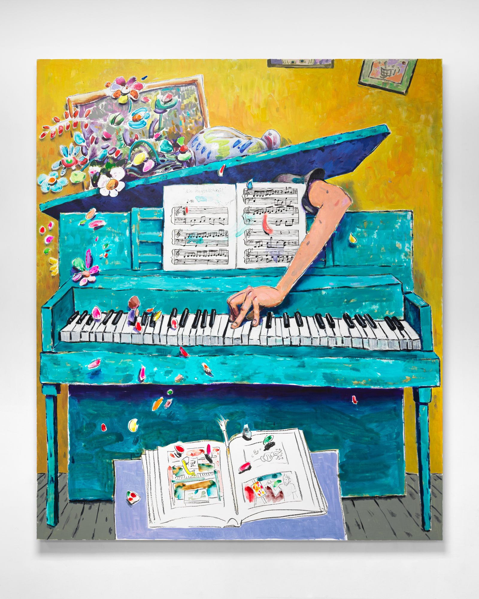 埃德加·布莱恩(Edgar Bryan) 偏执复调布鲁斯Paranoid Counterpoint Blues July 17 - September 15, 2019 2019年7月11日至8月31日 Grifter is pleased to announce its inaugural exhibition, Edgar Bryan’s Paranoid Counterpoint Blues, opening Wednesday July 17th, 6-8pm. Grifter画廊欣然呈现开幕首展埃德加·布莱恩个展“偏执复调布鲁斯”。画廊将于七月十一日周四晚上6点至8点举办开幕酒会。 In 2001, I made a painting of the books on my coffee table. They were stacked up in a chaotic fashion, some were open and some closed—others, such as paperback novels were used as bookmarks in larger books. 2001年的时候我创作了一幅表现我茶几上书本的画。这些书的堆积方式有一些混乱,有一些是打开的,有一些是合上的;还有一些别的书,比如平装本的小说,则被当做大型书籍的书签使用。 Among the clutter was Charles Ray’s monograph for his ‘95 exhibition at MOCA, Los Angeles. It lay open to a photograph where he had wedged himself against a wall, upside down and pinned at the legs by a large wooden plank. This funny picture and others like it have the kind of embarrassing vulnerability that I aspire to in my own work. 这堆乱七八糟的东西中有一份查尔斯·瑞(Charles Ray)为他1995年在洛杉矶当代美术馆做的展览而写的专刊。这本专刊正好翻在一张照片页上。照片中的他把自己头朝下地卡在墙上,腿支撑在木头支架上。这张有趣的照片和别的类似作品中表现的那种尴尬的脆弱感是我自身作品的灵感来源。 Another book on the table, Gödel, Escher, Bach, was a thick volume about mathematical principles in music and art. Not until years later would I read it—not until I had learned to read music pretty decently and play piano kind of poorly. 茶几上的另一本厚厚的书《哥德尔、埃舍尔、巴赫》探讨了音乐和艺术中的数学原理。直到几年之后我才读了这本书,那个时候的我已经可以像样地理解音乐并且可以稍微摆弄一点钢琴。 My new paintings are in part about Gödel, Escher, Bach and the circular logic it describes. They are also portraits of myself as a pianist and a painter, and of course, they are still-life paintings with yet again more books. 我的新作品中的一部分是关于《哥德尔、埃舍尔、巴赫》和书中所描述的环形逻辑。这些新作品是我作为一个钢琴家和画家的自画像,当然也是—又一次—与更多的书有关的静物画。 Edgar Bryan is a painter and bookmaker based in Los Angeles, CA. Recent exhibitions include; Welcome to the Dollhouse at MOCA, Los Angeles; Soft Corners at Telles Fine Arts, Los Angeles; Almost Rad, a public mural for MOCAD Detroit; and Sea Creatures, a solo exhibition at Reyes/Finn in Detroit. 埃德加·布莱恩(Edgar Bryan)是一位居住在加州洛杉矶的画家、著作家。他的近期展览包括洛杉矶美术馆的Welcome to the Dollhouse、洛杉矶Telles Fine Arts画廊的Soft Corners、为底特律当代美术馆制作的名为Almost Rad的公共壁画以及底特律Reyes/Finn画廊举办的个展Sea Creatures。 Grifter is an artist run space located at 75 East Broadway, unit #221 捣蛋鬼是一个由艺术家运作的画廊,我们的地址是75 East Broadway, Unit #221。