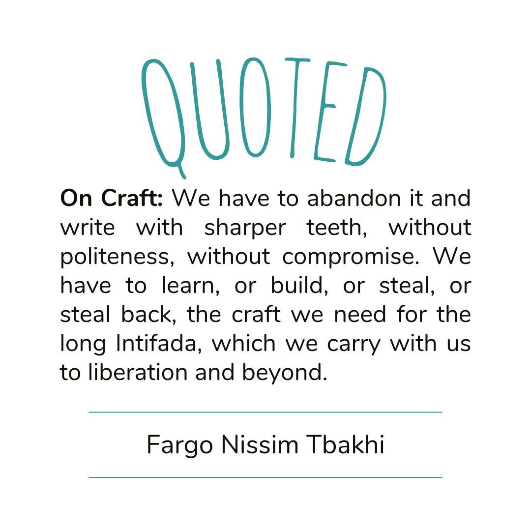 During workshop @rhymeswithmean this week, they offered excerpts from Fargo Nissim Tbakhi's essay &quot;Notes on Craft: Writing in the Hour of Genocide&quot;. I was leaning all the way in, devouring each word. 

Once the workshop ended, I knew I shou