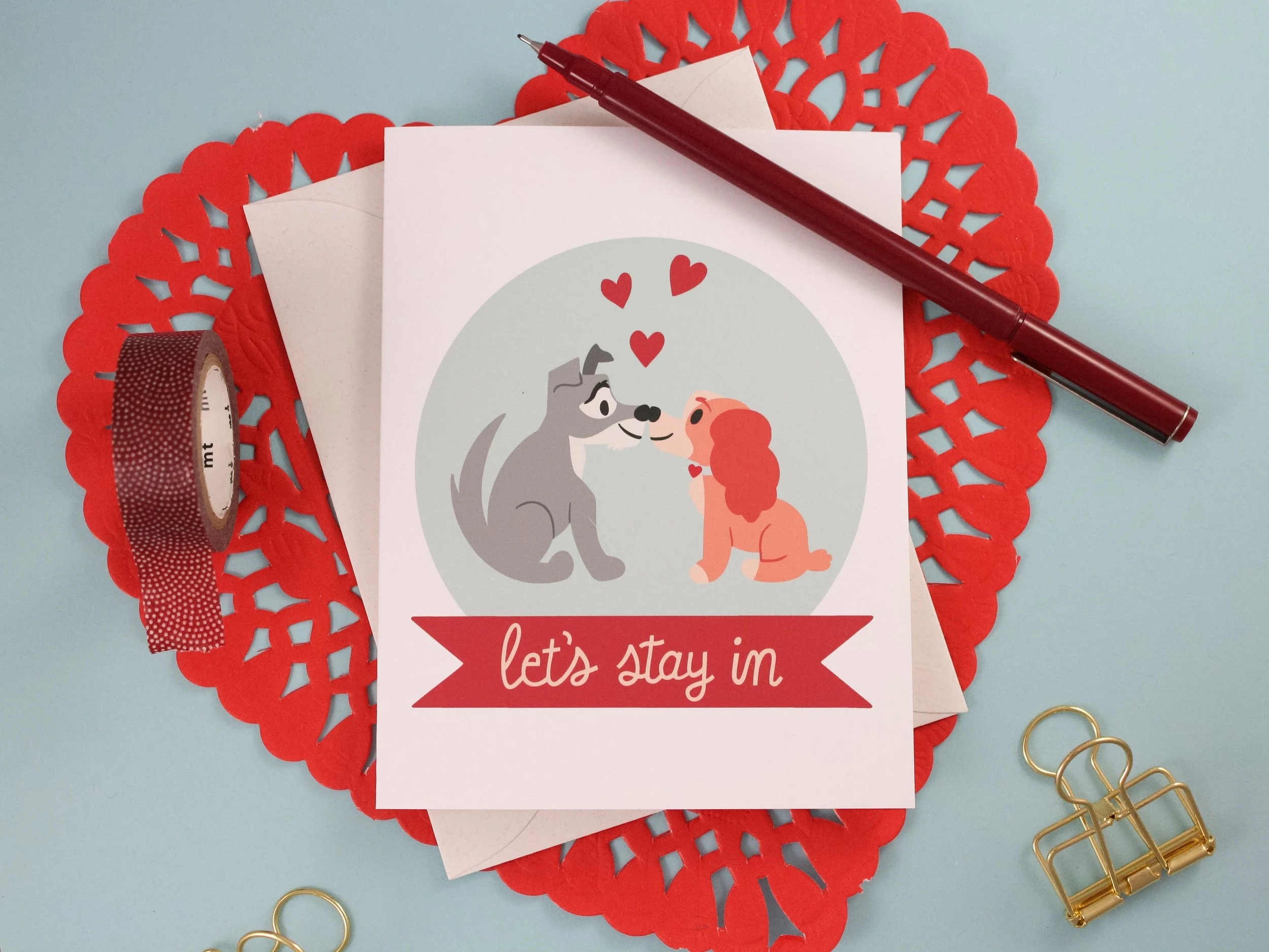 Valentines Greeting card with 2 dogs in love and the subtitle "let's stay in"