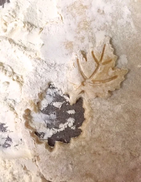 Time for the top layer of crust. I started by punching out two different styles of leaf cutouts into my dough. It's always a good idea to make sure your workspace and your baking tools are well floured, so the dough doesn't stick.