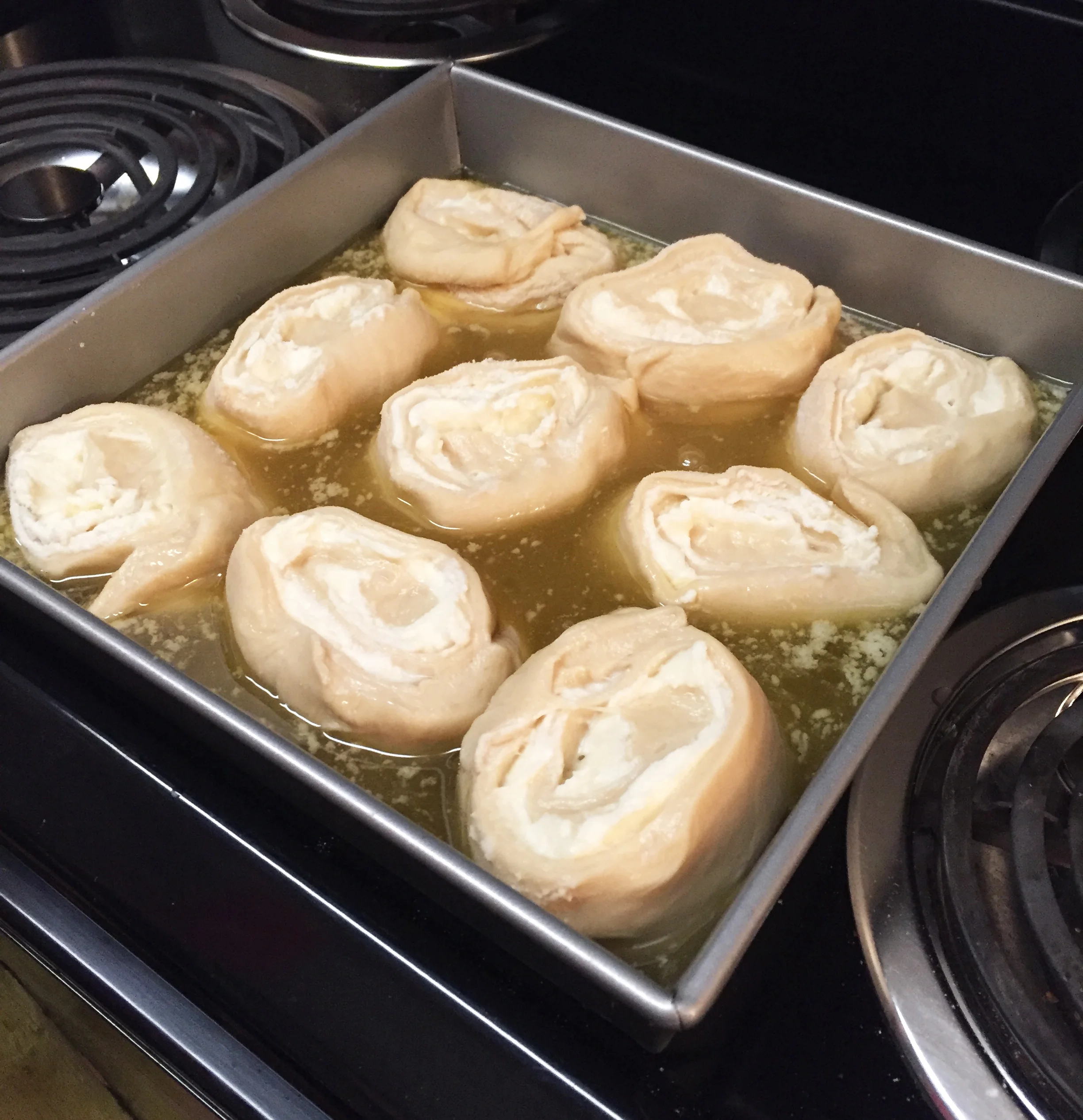 As you can see, there is A LOT of fluid in the pan before you put it in the oven. But, all of these flavors soak into the buns which makes them taste oh-so-good!