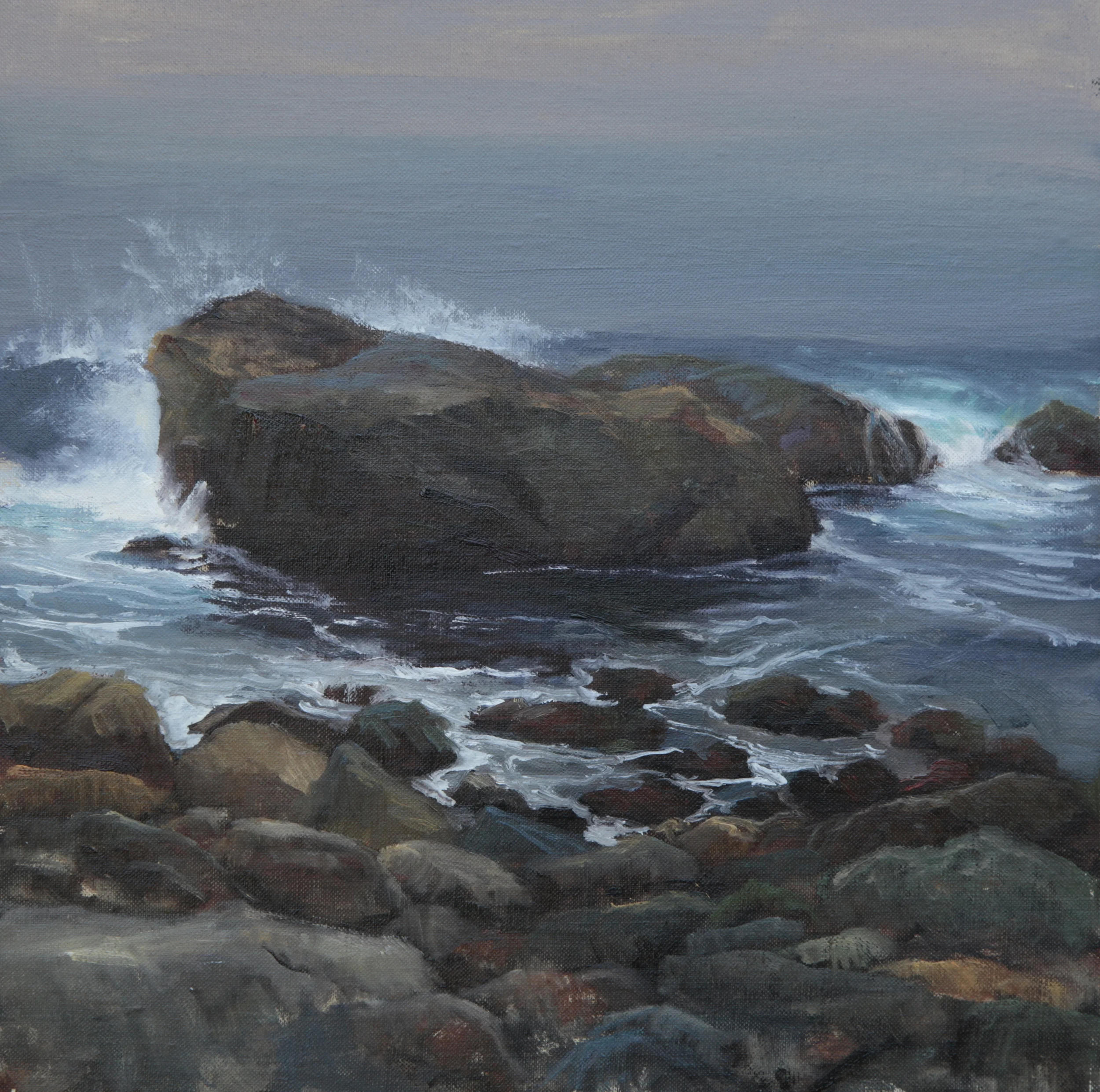 November Morning in Big Sur, 12 x 12 oil painting by Pavel Gazur showing waves breaking around dark coastal rocks on the Big Sur coast in California.