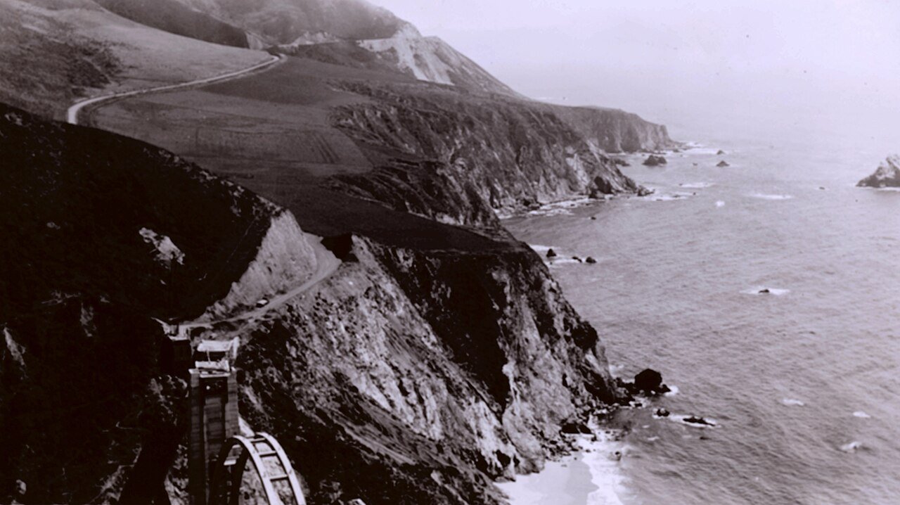 Bixby Canyon Bridge under construction on California Coast Highway 1. After completion, this bridge became one of the most beautiful bridges in the United States.