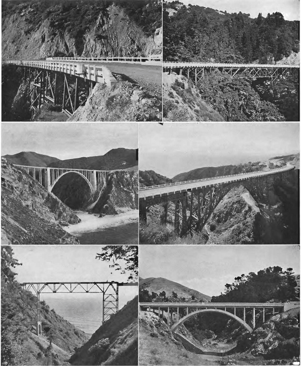 Six bridges along the Carmel–San Simeon Highway, photographed for California Highways and Public Works in July 1937. California Department of Public Works. Public domain.