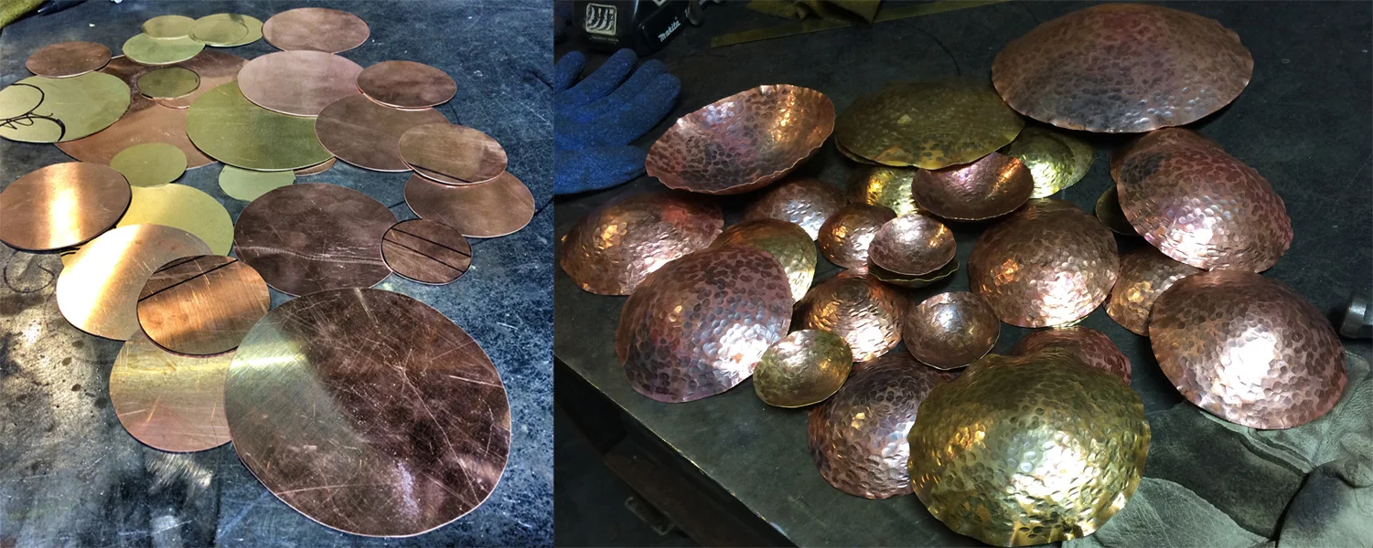 Flat sheet metal cut into discs is heated and cooled, then hammered into shapes. Then the process is repeated...