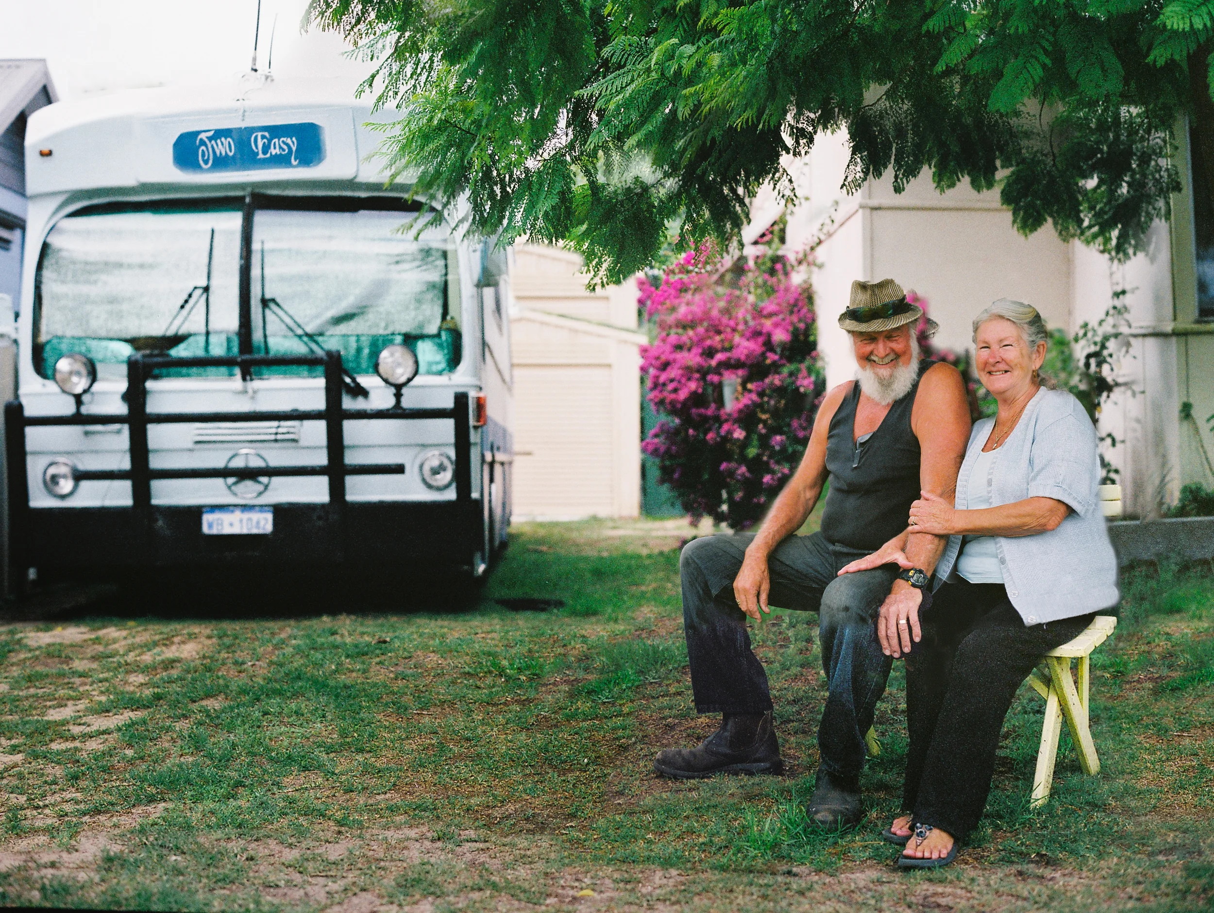 John & Sybil - 16 yrs travelling around Australia in an old Mercedes bus, 'Two Easy'.