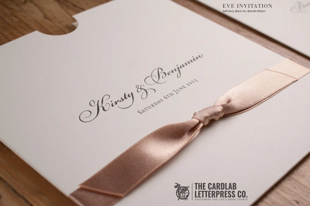 Close Up of Satin Ribbon In Neutral Biscotti Colour on Eve Invite