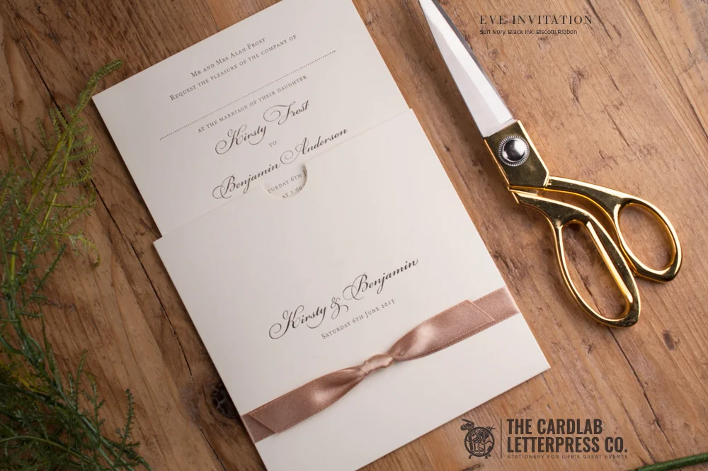 Elegant invite with pocket in ivory and taupe colour scheme eve style