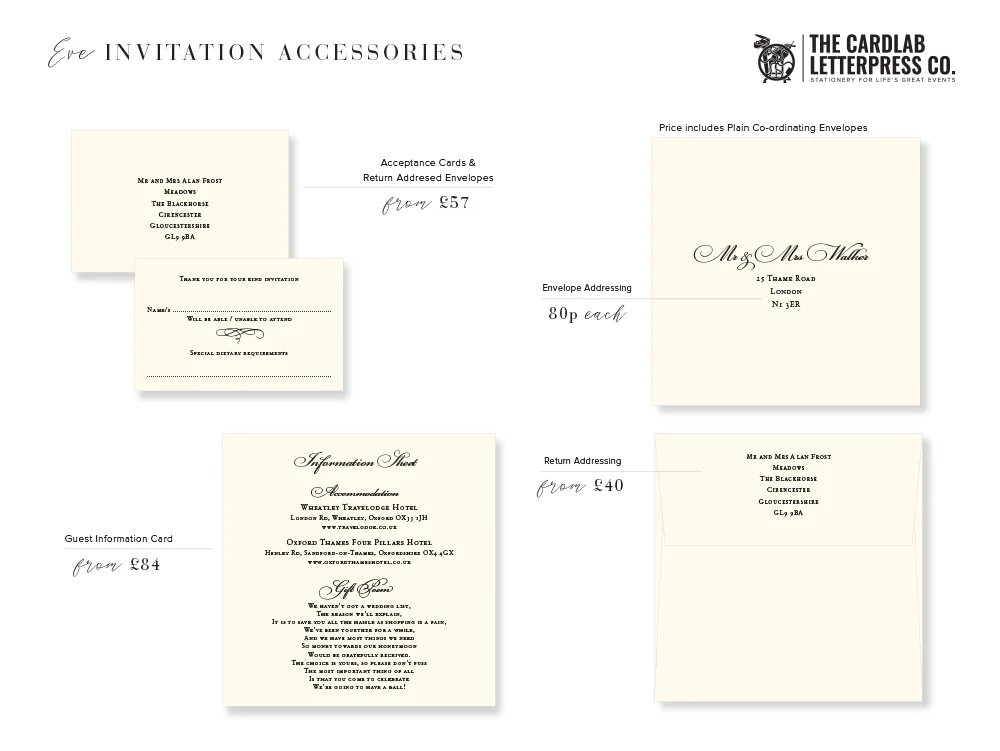 Matching RSVP card and Information Sheet for Eve Invite