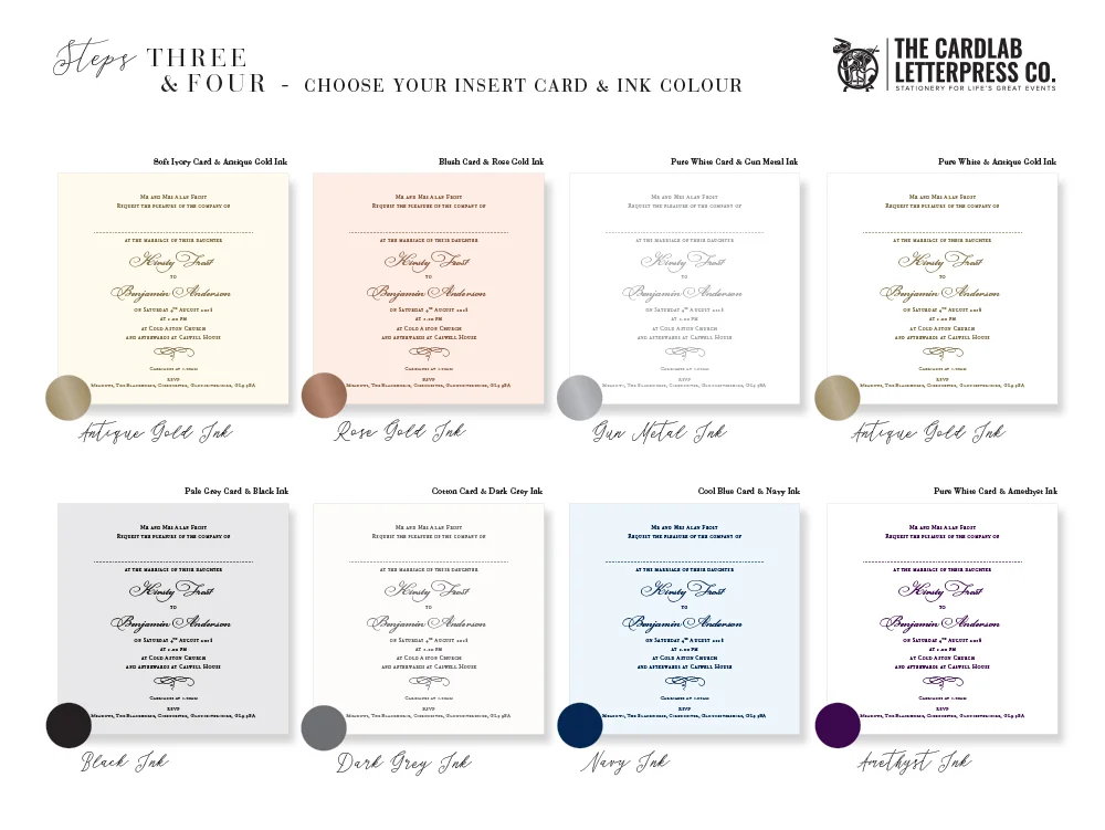 Ink Colours including Gold, Rose Gold, Gun Metal Silver, Dark Grey and Navy For Eve Invite