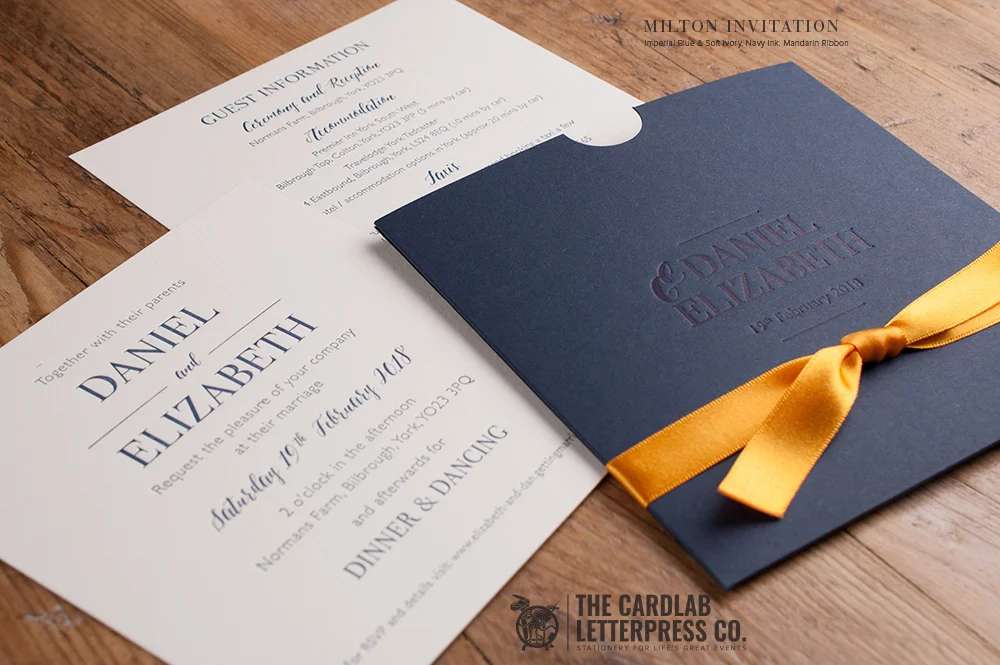 Elegant Wedding Invite in Navy Colour Scheme with Orange Ribbon Detail Milton Style