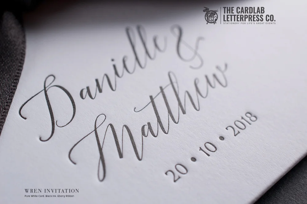 Elegant Black letterpress ink on white card calligraphy style Wren Invite