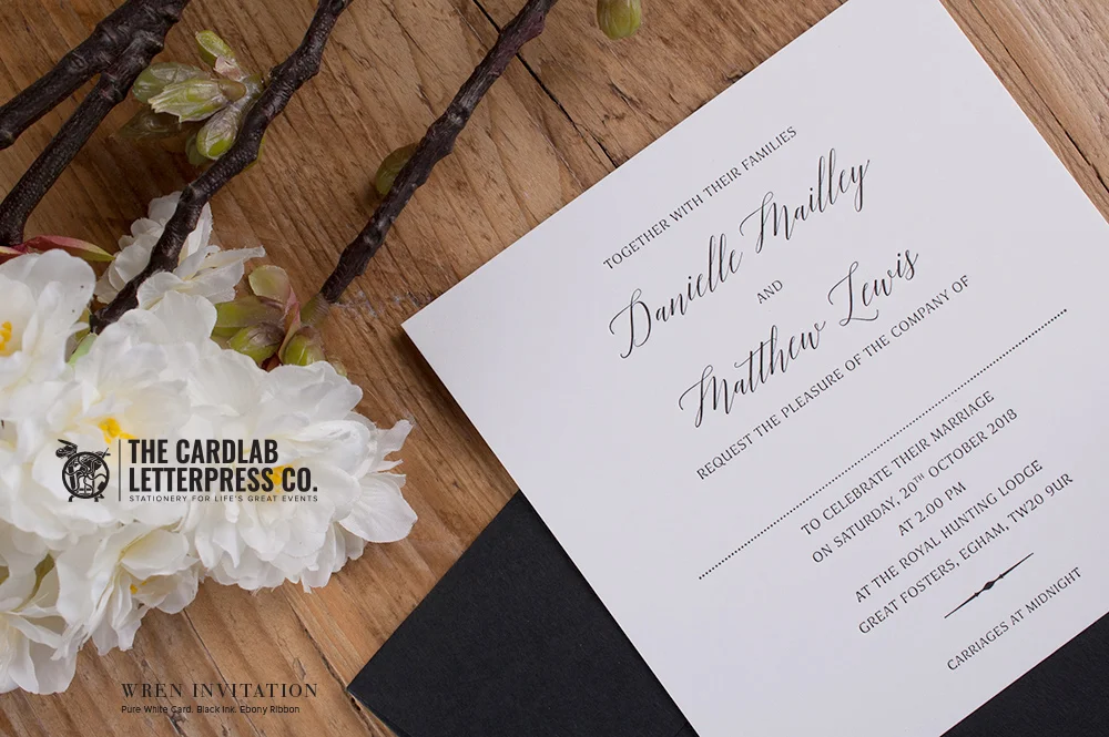 Elegant Black Ink on White Card Wren Invite Style