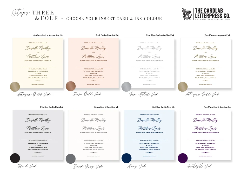 Ink Colour Options for Wren Invite including Antique Gold, Rose Gold, Silver Gun Metal, Navy and Dark Grey Inks