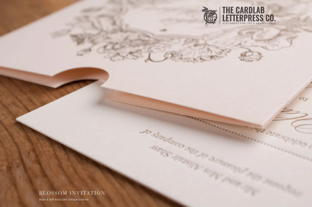 Close Up of Pocket in Blush Pink with Gold Ink Floral Inspired Blossom Invite