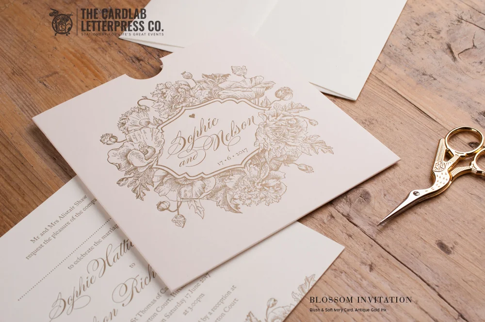 Country Wedding Invite with Floral Motif in Pale Pink and Gold Colours Blossom Invite