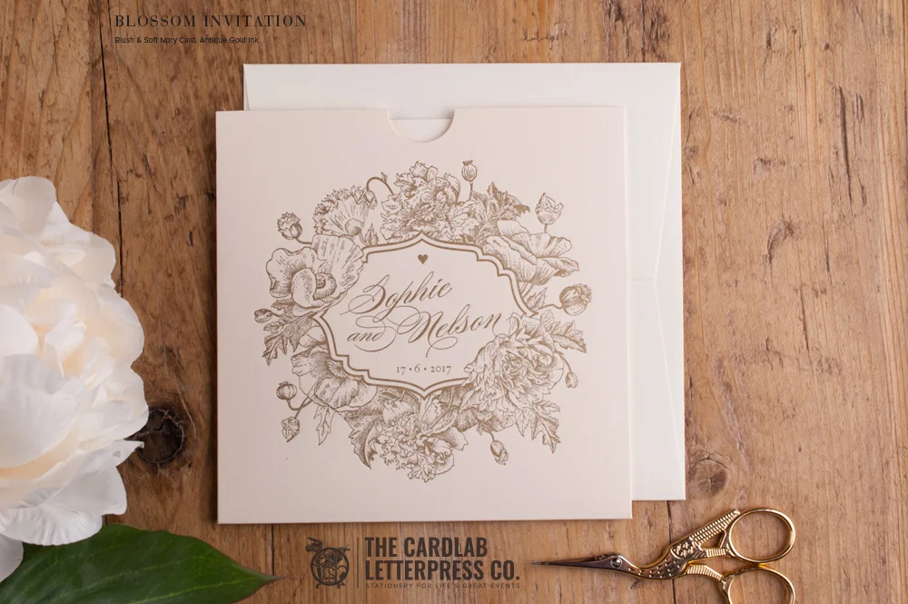 Romantic Country Garden Wedding Invite in Pale Pink and Gold