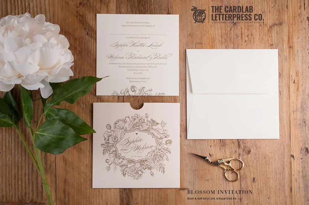 Pretty Romantic Invite with Floral Motif Pale Pink Colour Blossom Style