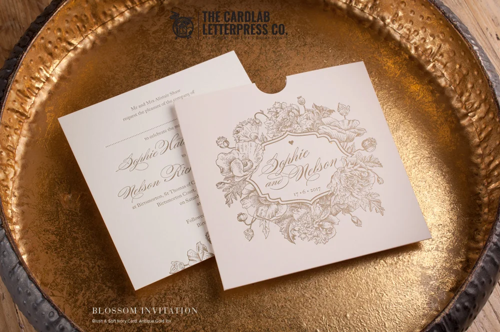 Gold and Pale Ink Invite For Nature Inspired Wedding Blossom Style