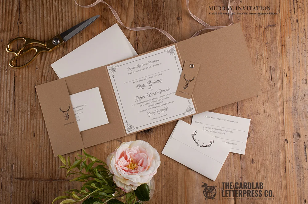 Rustic Chic Wedding Invite with Kraft Brown Card and Woven Hopsack Ribbon