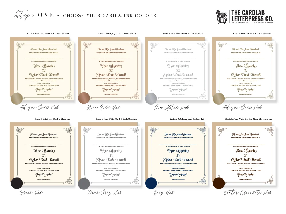 Ink Colour options for Murray Invite including Antique Gold, Rose Gold, Silver Gun metal, and Back inks