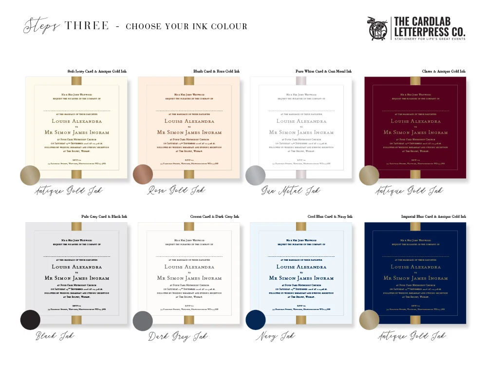 Ink Colour Options for Heath Invite Including Rose Gold and Gold
