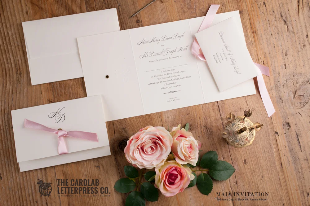 Romantic Maia Invite with Pale Pink Satin Ribbon