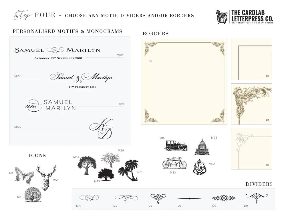 Monogram, motif and border options for Maia invites