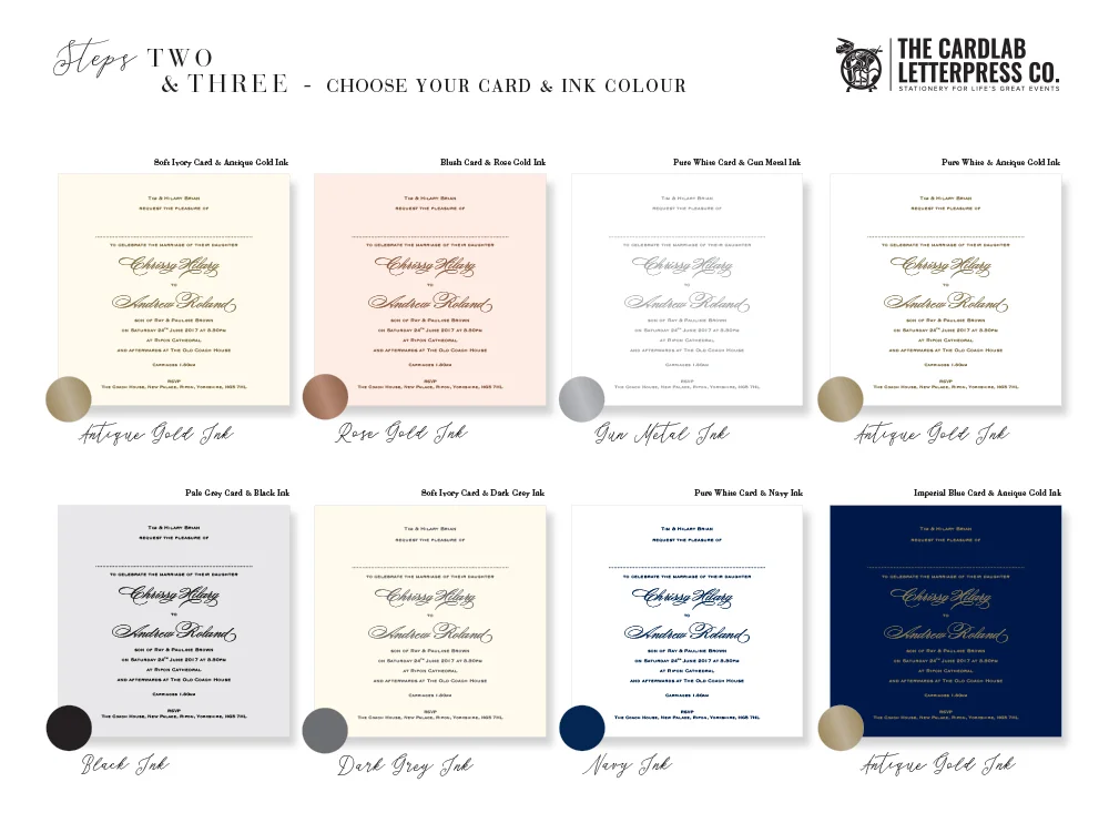 Ink Colour Options for Ellis Invite including Antique Gold, Rose Gold Ink, Silver Gun Metal, Navy and Dark Grey Ink