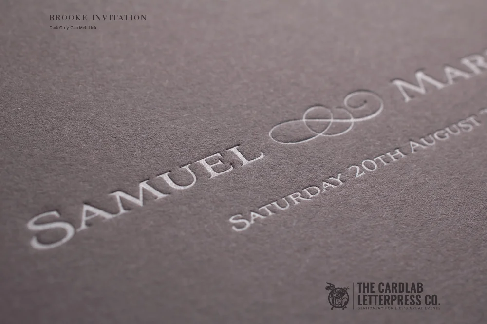 Close Up of Modern Invite in Dark Grey and Silver