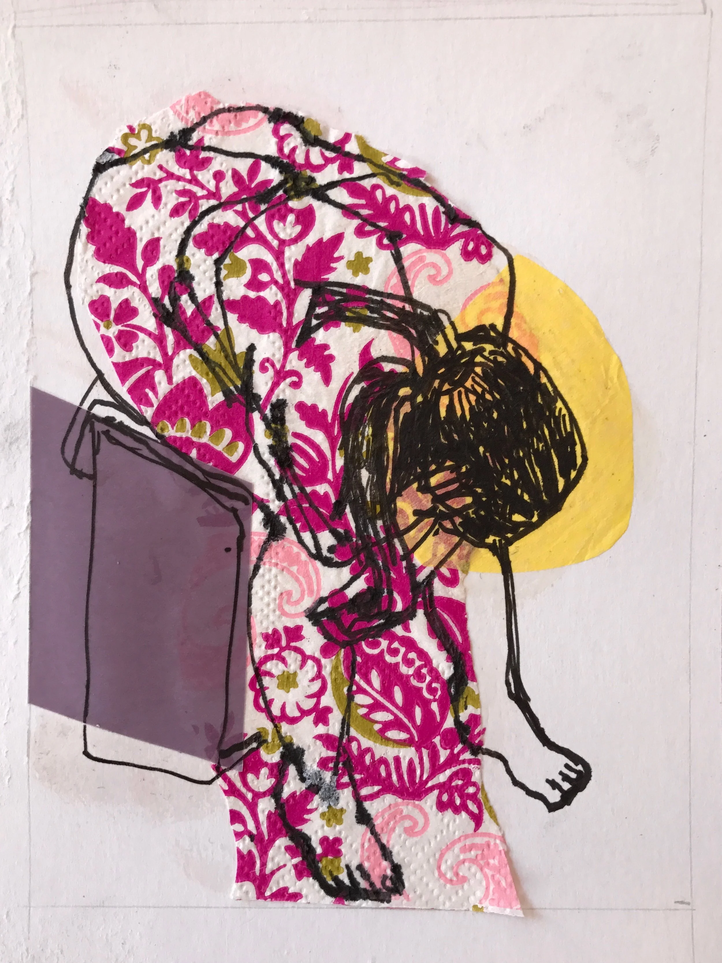 Jan Brown, Figure study, ink drawing, collage, 12 X17cm, 2017