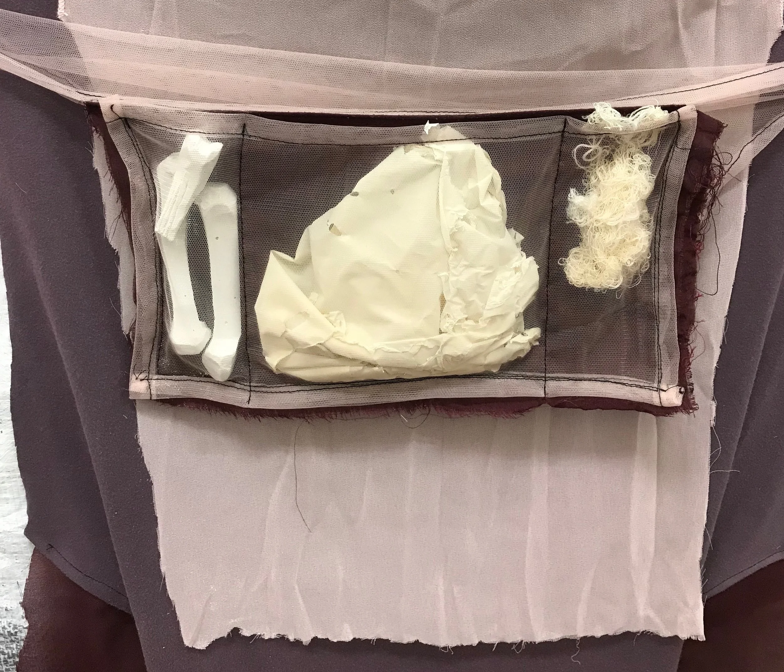 Jan Brown, Tool Belt detail, fabric, chalk, latex, cotton waste, 2018