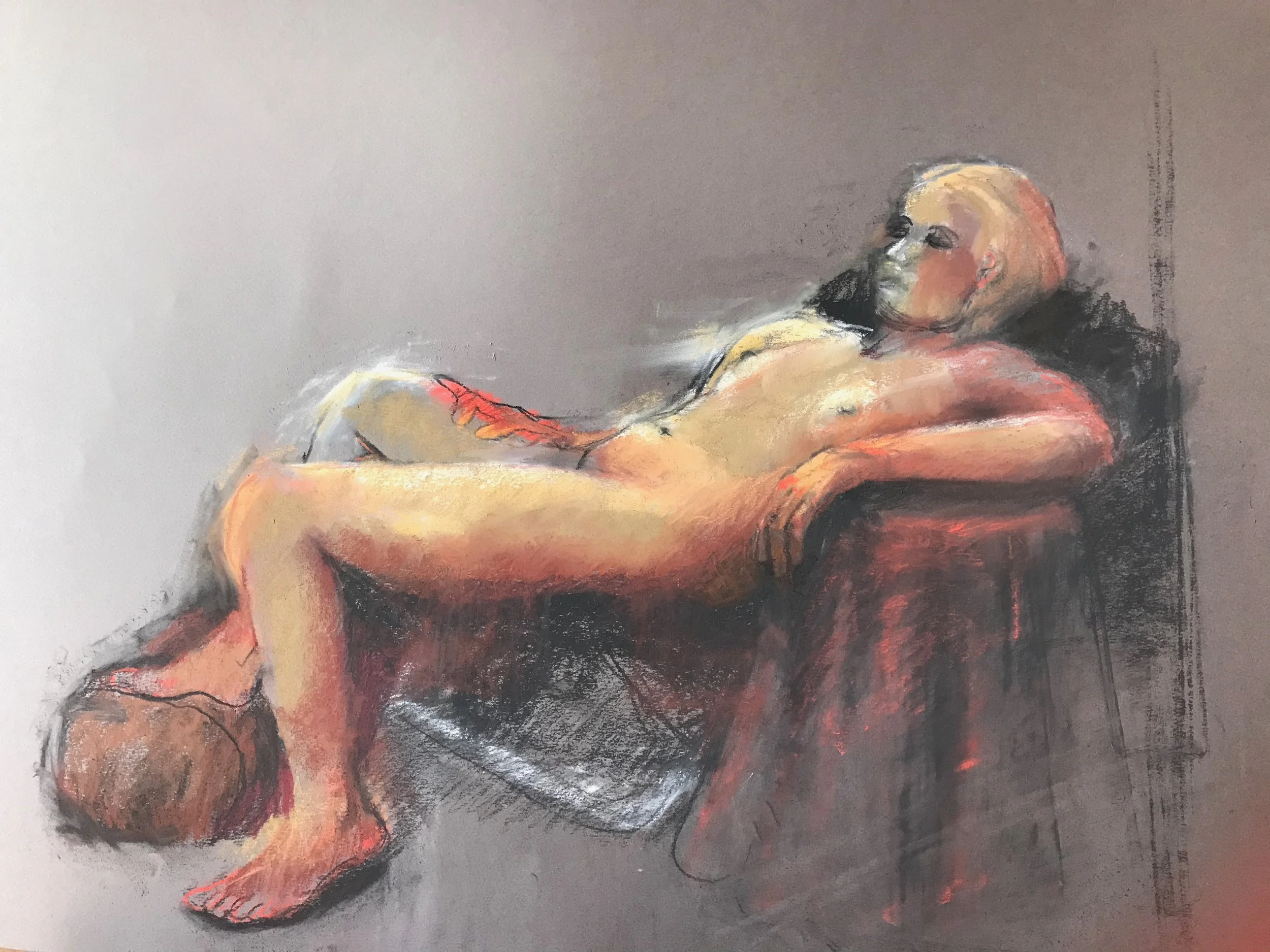 Semi-reclined nude, pastel, charcoal, on paper, 2019