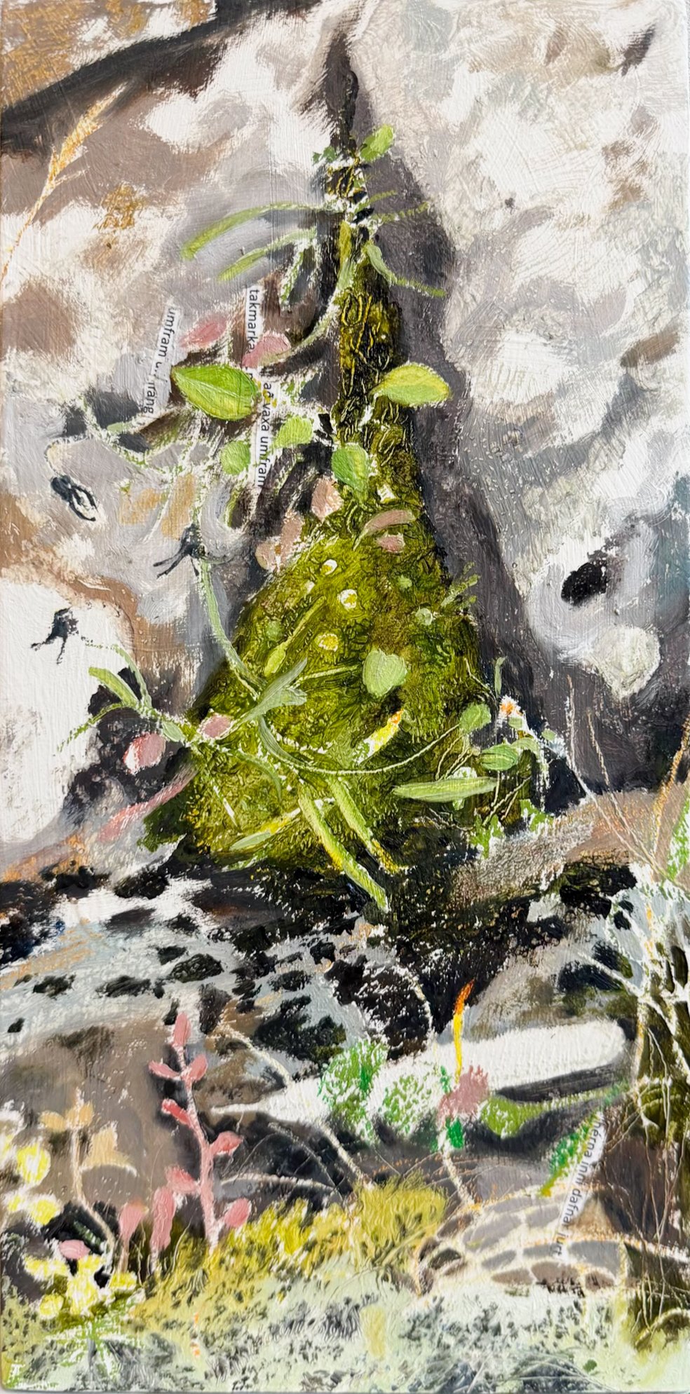  10.  að vaxa umfram takmarkanir   Olía, olíupastel og ljóð á fundna plötu 37 x 18 cm Borgarfjörður eystri 110.000  