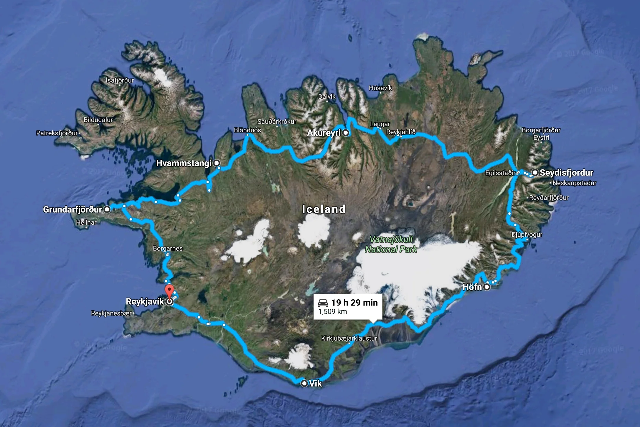 Our route around Iceland