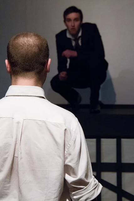 Sam as the 'Cat' playing with a very nervous 'Mouse' (OOC actor Christian) in a very dangerous game in More Tales From Kafka