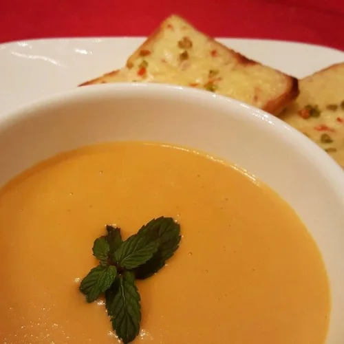 Pumpkin, Carrot + Potato Soup with Chilli Cheese Toast
