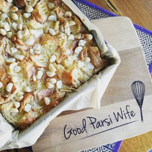 White Chocolate + Macadamia Croissant Pudding