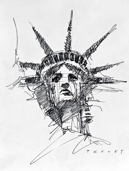 Steve Penley Statue Of Liberty pen & ink 11 x 14 inches unframed 18 x 22 framed