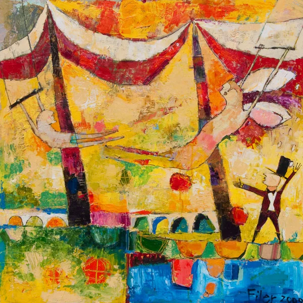 Jane Filer Flying Trapeze acrylic on canvas 32 x 32 inches