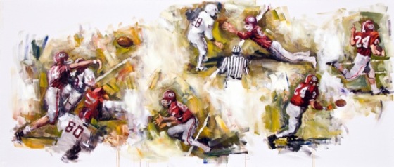 Steve Penley The Flea Flicker Kirby Moore to Pat Hodgson to Bob Taylor 1965– Georgia vs. Alabama acrylic on canvas 36x84 inches