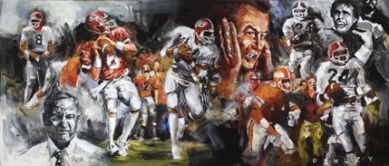 Steve Penley Buck Belue to Lindsey Scott 1980- Georgia vs. Florida acrylic on canvas 36x84 inches (sold) Limited Edition 18x42 inches, giclee print on paper 30x70 inches, giclee print on canvas